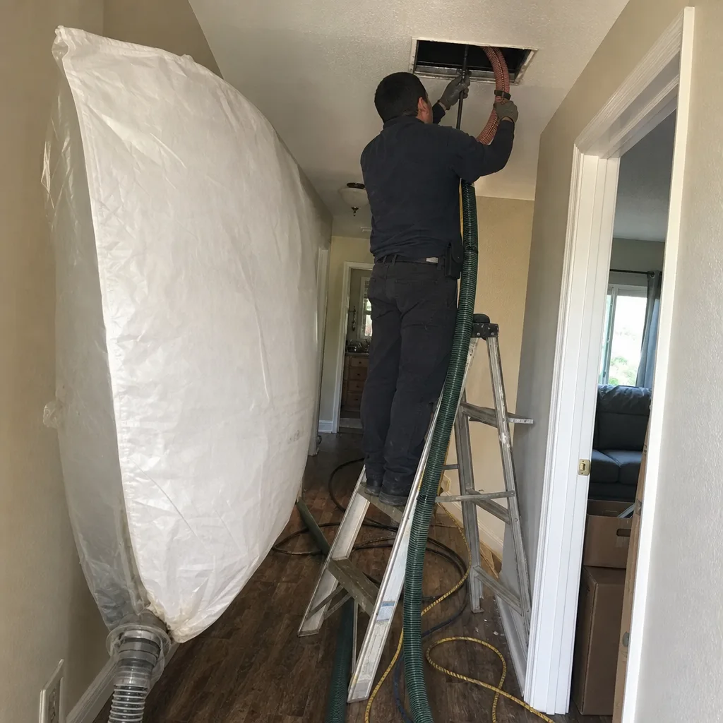 Professional technician performing residential air duct cleaning
